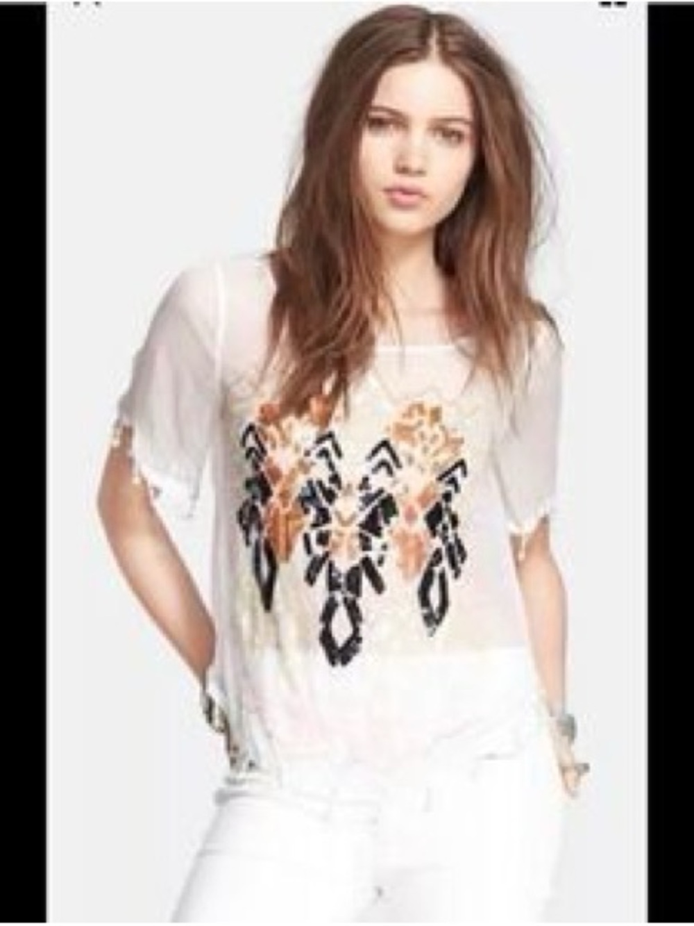 Free People Sheer Ivory Top with Geometric Beading, Sequins and Embroidery